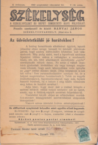 Sz�kelys�g X. �vfolyam - 1940. szeptember-december h� - 9-12. sz�m (A Sz�kelyf�ldet �s n�p�t ismertet� havi foly�irat)