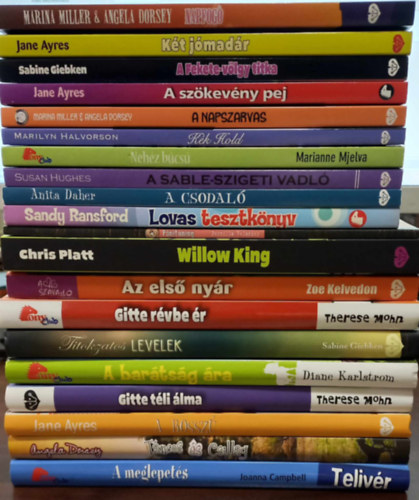 Sabine Giebken, Marilyn Halvorson, Therese Mohn, Jane Ayres, Joanna Campbell - 20 db Pony Club KÖNYVMENTŐ AJÁNLAT: Napfogó, Két jómadár, A fekete-völgy titka, A szökevény pej, A napszarvas, Kék hold, Nehéz búcsú, A sable-szigeti vadló, A csodaló, Lovas tesztkönyv, Pónituning, Willow King, Az első nyár, Gitte