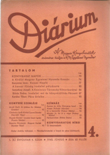 M�t� K�roly - Di�rium I. (X.) �vfolyam 4. Sz�m - 1940 J�nius