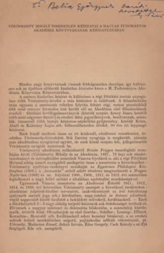 Gergely Pál - Vörösmarty Mihály ismeretlen kéziratai (Különlenyomat) (Dedikált)