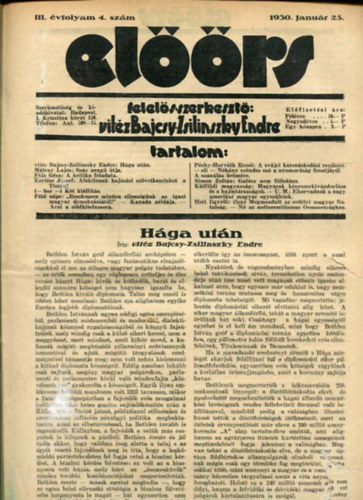 vitz Bajcsy-Zsilinszky Endre ( felels szerkeszt) - Elrs folyirat III. vf. 4. szm. 1930. janur 25.