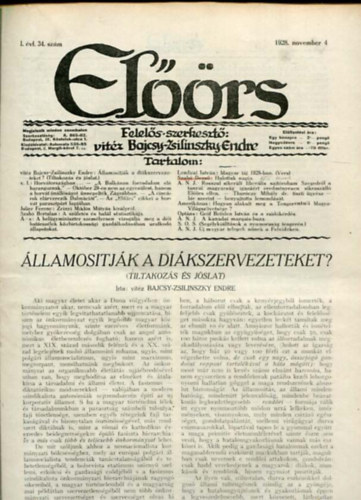 vitz Bajcsy-Zsilinszky Endre ( felels szerkeszt) - Elrs folyirat I. vf. 34. szm. 1928. november 4.