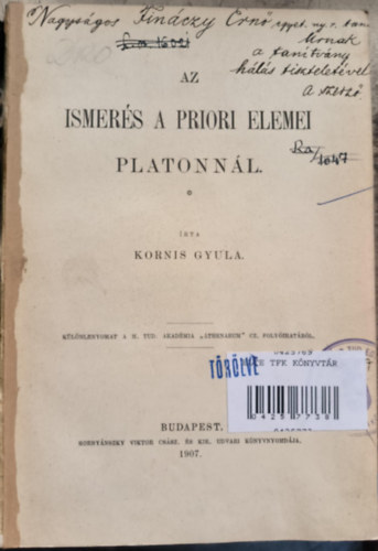 Kornis Gyula - Az ismerés a priori elemei Platonnál (1907)