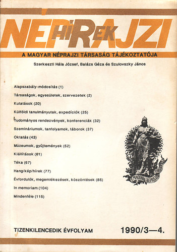 Hla J. - Balzs G. - Szulovszky J. (szerk.) - Nprajzi hrek 1990/3-4. (XIX vf.)