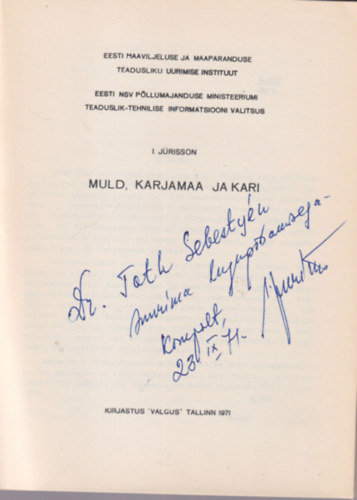 I. J�risson - Muld, karjamaa ja kari - �szt nyelv� - dedik�lt