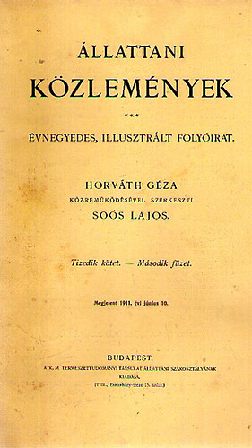 Horvth Gza (szerk.); Sos Lajos (szerk.) - llattani kzlemnyek X. ktet 2. fzet