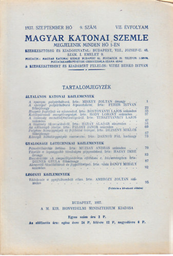 Vitz Berk Istvn (szerk.) - Magyar Katonai Szemle 1937. szeptember (VII. vf, 9. szm)