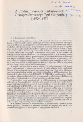 Szecsk Kroly - A Fldmunksok s Kisbirtokosok Orszgos Szvetsge Egri Csoportja 1945-1848 - Klnlenyomat - dediklt