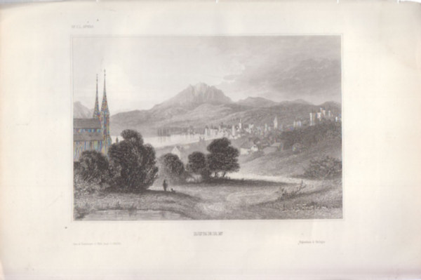 Luzern (város, Svájc, Európa) (16x23,5 cm lapméretű eredeti acélmetszet, 1856-ból)