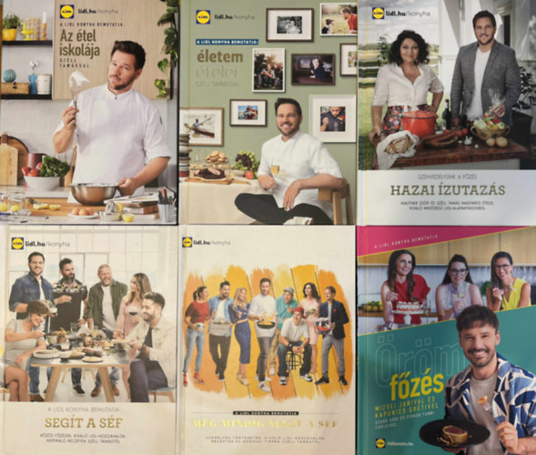 6 db Lidl szak�csk�nyv (Az �tel iskol�ja, �ltem �telei, Hazai �zutaz�s, Seg�t a s�f, M�g mindig seg�t a s�f, �r�m f�z�s)