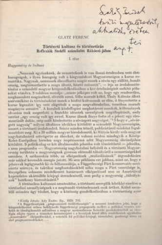 Glatz Ferenc  (szerk.) - T�rt�neti kultusz �s t�rt�net�r�s ( Reflexi�k Szekf� sz�m�z�tt R�k�czij�hoz ) - Dedik�lt- K�l�nlenyomat