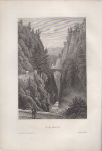 Via Mala (Viamala, Svájc, Európa) (16x23,5 cm lapméretű eredeti acélmetszet, 1856-ból)