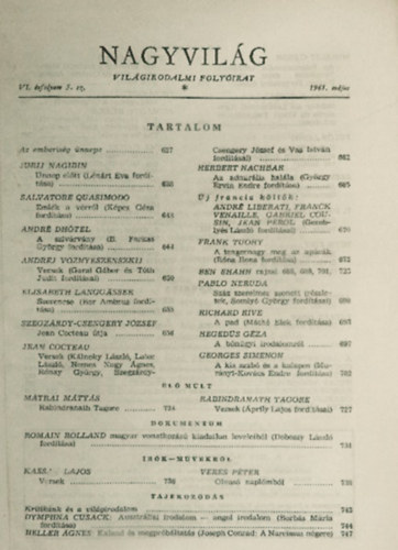 Kardos Lszl (szerk.) - Nagyvilg (Vilgirodalmi folyirat) I-II., VI. vf. 1-12. szm, 1961 (kt ktetben)