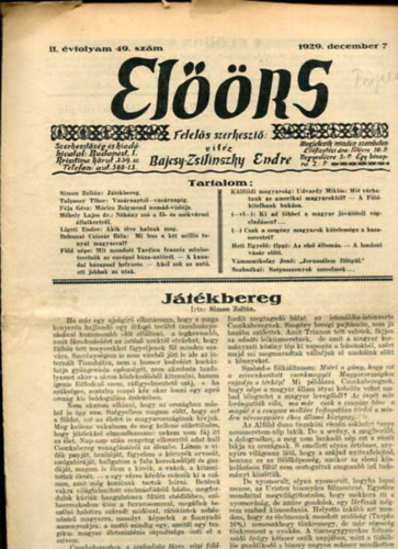 vitz Bajcsy-Zsilinszky Endre ( felels szerkeszt) - Elrs folyirat II. vf. 49. szm. 1929. december 7.