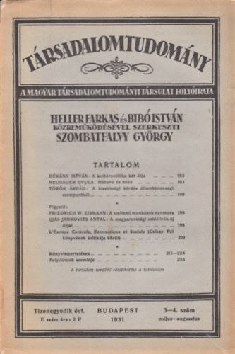 Szombatfalvy Gyrgy (Szerk.) - Trsadalomtudomny - A Magyar Trsadalomtudomnyi Trsulat folyirata 11. vf. 3-4. szm (1931)