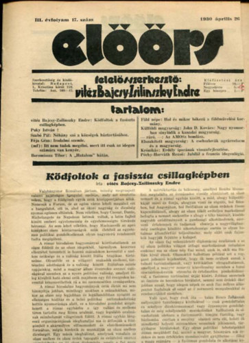 vitz Bajcsy-Zsilinszky Endre ( felels szerkeszt) - Elrs folyirat III. vf. 17. szm. 1930. prilis 26.