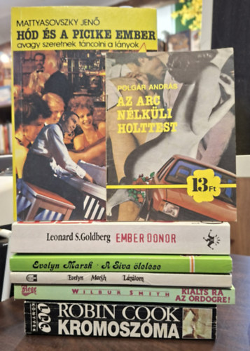Polgár András, Mattyasovszky Jenő, Leonard S. Goldberg, Evely Marsh, Wilbur Smith, Robin Cook - 7 db krimi, KÖNYVMENTŐ AJÁNLAT: Az arc nélküli holttest, Hód és a picike ember avagy szeretnek táncolni a lányok, Ember donor, A Siva ölelése, Lázálom, Kiálts rá az örödgre!, Kromoszóma
