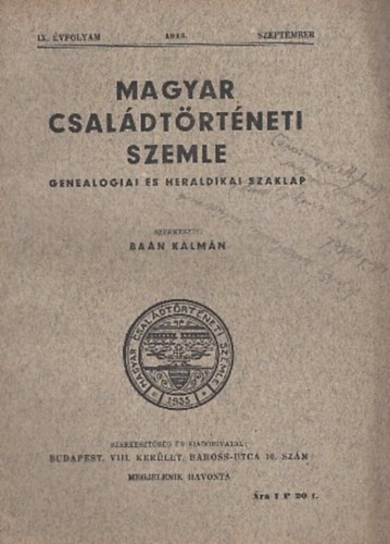 Ba�n K�lm�n (szerk.) - Magyar csal�dt�rt�neti szemle (IX. �vf. 1943. szeptember)