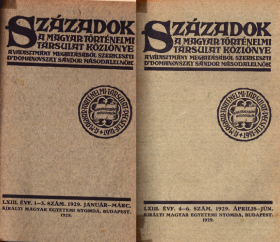 Sz�zadok LXIII. �vfolyam 1929. janu�r-december (egybek�tve)