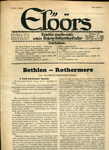 vitz Bajcsy-Zsilinszky Endre ( felels szerkeszt) - Elrs folyirat II. vf. 1. szm. 1929. janur 5.