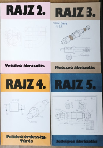 Ocskó Gyula, Szatmáry Béla, Seres Ferenc, Dr. Magyar Sándor - 4db szakrajzokkal kapcsolatos tankönyv - Rajz 2.-Vetületi ábrázolás, Rajz 3.-Metszeti ábrázolás, Rajz 4.-Felületi érdesség, tűrés, Rajz 5.-Jelképes ábrázolás