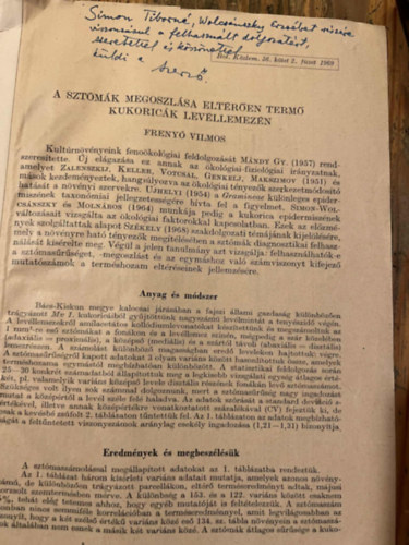 Freny� Vilmos - A szt�m�k megoszl�sa elt�r�en term� kukoric�k lev�llemez�n