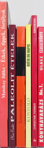 6 DB SZAKÁCSKÖNYV: MATOLCSY:ÉTKEK, TIPPEK, FORTÉLYOK+KISS:PALEOLIT ÉTELEK+JUHÁSZ:SZABADTŰZI ÉTELEK+DIÉTA 90 NAPIG+FERBER:ÉDESSÉGEK+OLASZ SZAKÁCSKÖNYV (KONYHAVARÁZS SOROZAT)