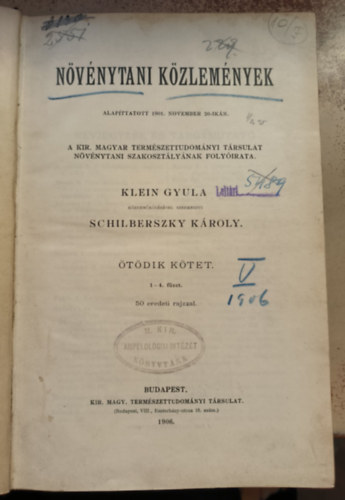 Dr. Schilberszky Kroly - Nvnytani kzlemnyek V. (1906)