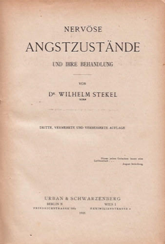 Wilhelm Stekel - Nerv�se Angstzust�nde und ihre Behandlung