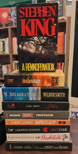 Stephen King, Sidney Sheldon, Wilbur Smith, Tara Moss, Patrica Cornwell, Elmore Leonard, Lakatos Levente, Elizabeth Lowell - 9 db-os krimi KNYVMENT AJNLAT: A rmkoppantk, tletnap, hes akr a tenger, Ftis, Tzfszek, Dinamit, Loveclub, Barbibbi, Ezst vagy lom