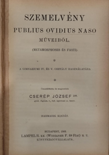 Cserp Jzsef dr. (szerk.) - Szemelveny Publius Ovidius Naso mveibl