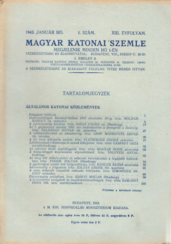 Vit�z Berk� Istv�n (szerk.) - Magyar Katonai Szemle 1943. janu�r (XIII. �vf, 1. sz�m)