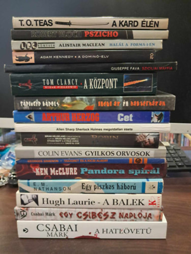 Giuseppe Fava, T. O. Teas, Robert Bloch, Alistair MacLean, Adam Kennedy, Tom Clancy, Sringer Kroly, Arthur Herzog, Allen Sharp, Colin Evans, Georges Simenon, Ken McClure, Ken McClure, Csabai Mrk - 17 db-os krimi knyvcsomag: Szicliai maffia, A kard ln, Pszicho, Hall a Forma-1-en, A domin-elv, A kzpont, Indul az n barkterhzam, Cet