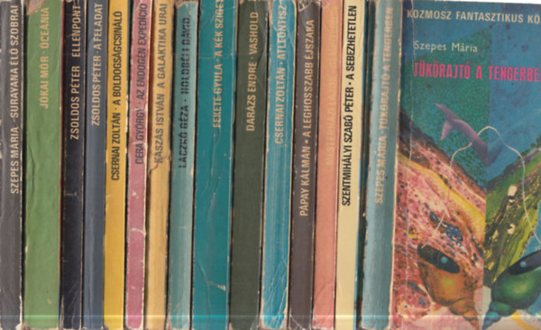 Szepes Mária, Szentmihályi Szabó Péter, Mesterházi Lajos, Pápay Kálmán, Csernai Zoltán, Darázs Endre, Fekete Gyula, Laczkó Géza, Kaszás István, Gera György, Zsoldos Péter, Jókai Mór - 15 db. magyar szerzőjű Kozmosz fantasztikus könyvek (Tükörajtó a tengerben + A sebezhetetlen + Sempiternin + A leghosszabb éjszaka + Atleóntisz + Vashold + A kék sziget + Holdbéli Dávid + A galaktika urai + Az endogén expedíció + A bold