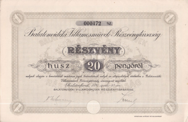 Balatonvidéki Villamosmüvek Részvénytársaság részvénye (történelmi értékpapír, eredeti)