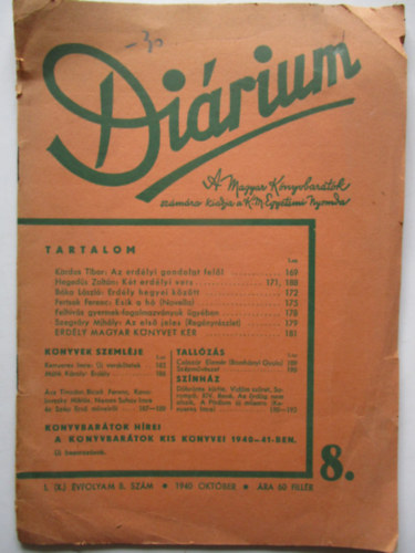 M�t� K�roly-Kenyeres Imre - Di�rium I. (X.) �vfolyam 8. Sz�m - 1940 Okt�ber