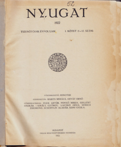 Ignotus (főszerk.) - Nyugat 1922 I. kötet (1-12. szám)