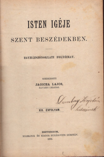 Jagicza Lajos - Isten igje  szent beszdekben - Egyhzsznoklati folyirat XIX. vfolyam