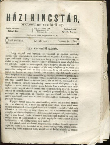 Ballagi Mr (szerk.), Gyrfs Ferenc - Hzi kincstr. Protestns csaldi lap. 5-dik vfolyam. 21-ik szm. October 14. 1864.