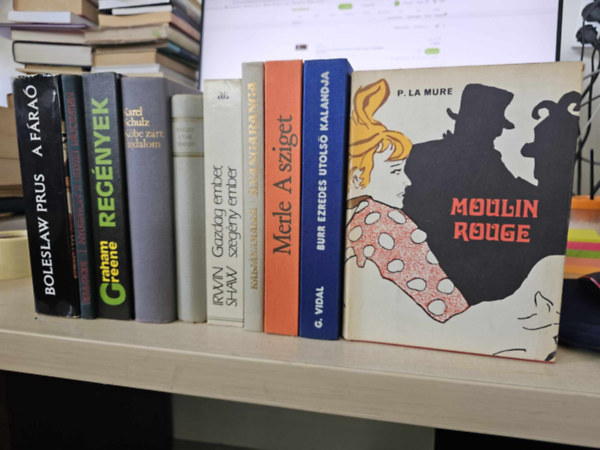 Boleslaw Prus, Erich Maria Remarque, Graham Greene, Karel Schulz, Aldous Huxley, Irwin Shaw, Kaljnamalla, Robert Merle, Gore Vidal, Pierre La Mure - 10db vilgirodalom, KNYVMENT AJNLAT: A fra+ Nyugaton a helyzet vltozatlan+ Regnyek (Graham Greene) +Kbe zrt fjdalom+ A vak Smson+ Gazdag ember, szegny ember+ Anangaranga+ A sziget+ Burr ezredes utols kalandja+ Moulin Rouge