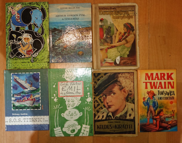 Mark Twain, Dékány András, Erich Kästner, Edgar Allan Poe, Rudyard Kipling, Harriet Beecher Stowe - 7 klasszikus ifjúsági regény: A Dzsungel könyve, S.O.S. Titanic!, Arthur Gordon Pym, a tengerész, Tamás bátya kunyhója, Emil és a három iker, Koldus és királyfi, Tom Sawyer a mesterdetektív