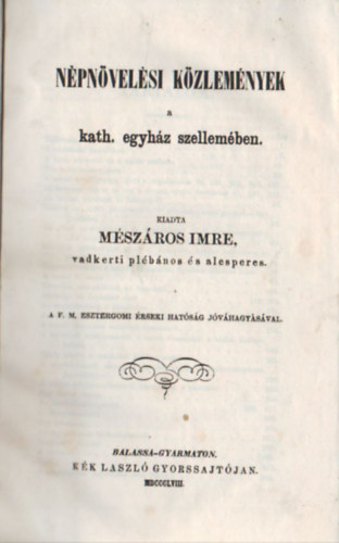 Mészáros Imre - Népnövelési közlemények a kath. egyház szellemében