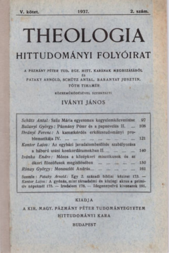 Theologia  - Hittudom�nyi Foly�irat V. k�tet 1937. 2. sz�m