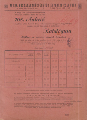 M. Kir. Postatakarékpénztár Árverési Csarnoka 108. aukciójának katalógusa