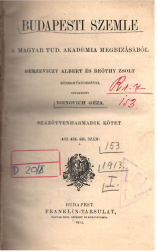 Voinovich G�za - Budapesti Szemle 153. k�tet ( 433., 434., 435. sz�m )