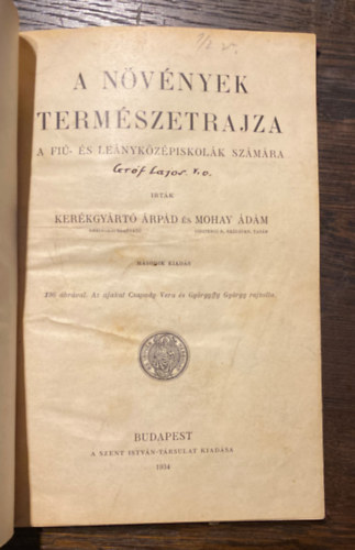 Kerkgyrt rpd - Mohay dm - A nvnyek termszetrajza - A fi- s lenykzpiskolk szmra