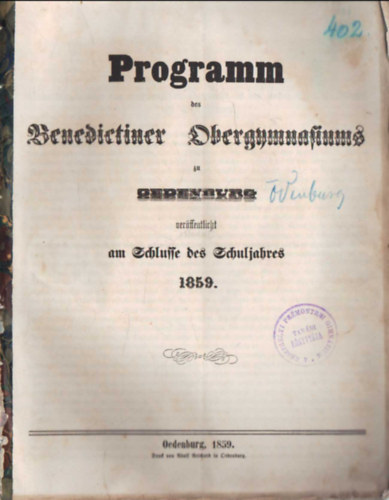 Programm des Benedictiner Obergymnasiums zu  Oedenburg 1859 ( Sopron )
