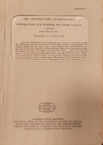 Bonta Jnos - Die Grenzen des sthetischen - Az eszttika hatrai nmet  nyelven (klnlenyomat)