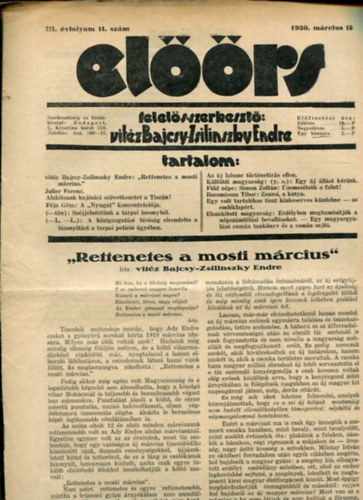 vitz Bajcsy-Zsilinszky Endre ( felels szerkeszt) - Elrs folyirat III. vf. 11. szm. 1930. mrcius 15.