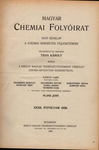 Plank Jen (szerk.) - Magyar chemiai folyirat 1926. 1-12. (teljes vfolyam, egybektve)